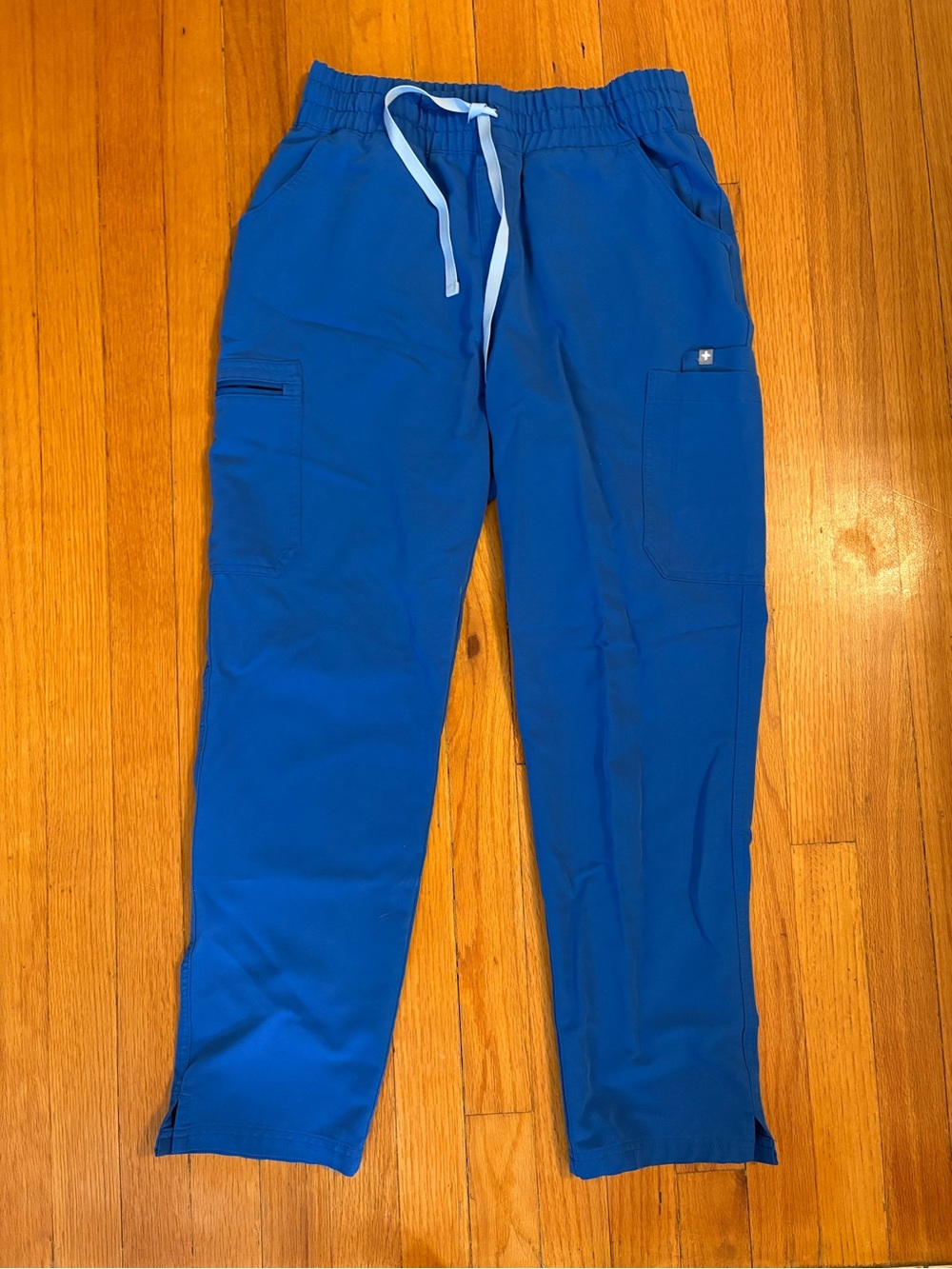 FIGS - blue straight leg scrub pant with wide high waisted elastic.
